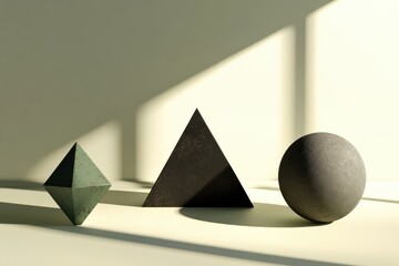 Poster - Geometric shapes arranged artistically with soft light creating intriguing shadows, Cursor arrow pointer and geometric shapes 3D Render