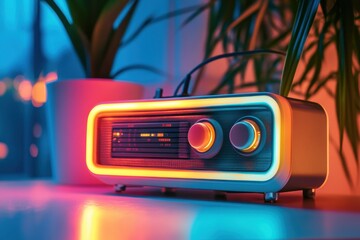 Poster - Retro radio illuminated in vibrant neon colors creates a nostalgic atmosphere in a cozy room, Retro radio with neon lighting in vibrant colors on a table Technology concept