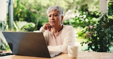 Poster - Mature woman, laptop and remote work from home with thinking, review or administration in morning. Person, virtual assistant and computer with solution, decision and confused with typing at house