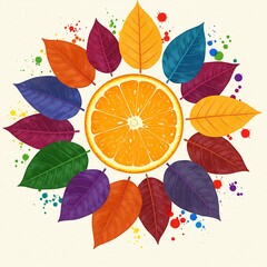 vibrant autumn leaves encircling a juicy orange slice