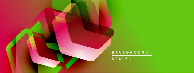 Fototapete - Abstract geometric shapes overlap, creating vibrant color gradients. Green dominates right side, redpink left. Modern design element.