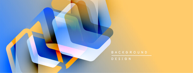 Fototapete - Abstract geometric shapes overlap, creating dynamic visual effect. Blue, orange, yellow hues blend smoothly. Modern design element.