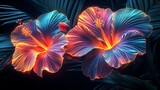Abstract tropical paradise, swirling neon hibiscus and orchid shapes, palm leaf silhouettes, glowing against a dark background, artistic and energetic. Created Using: digital abstract art,