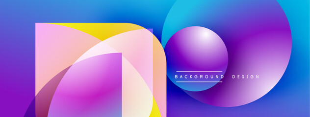 Fototapete - Abstract vibrant shapes overlap, creating dynamic colorful background. Modern design features gradients, text elements.