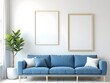 © Yuttana - Mock up poster frame on the wall in a modern living room with blue sofa and potted