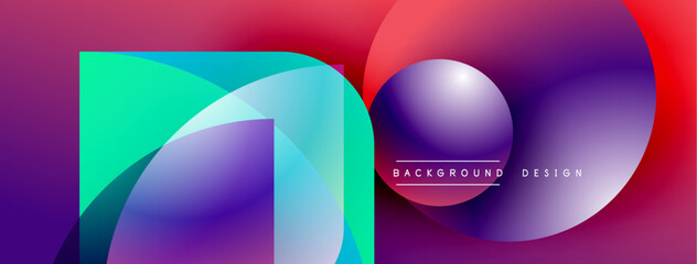 Fototapete - Abstract geometric shapes overlap, creating vibrant color gradients. Purple, teal, red hues dominate design. Text reads background design.