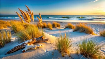 Wall Mural - Golden Hour Serenity Driftwood and Beach Grass at Sunset on a Sandy Shore