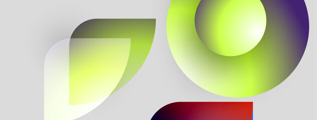 Poster - Abstract composition featuring overlapping shapes, vibrant gradients. Colors blend from yellow, green, purple, red. Minimalist design, modern aesthetic.
