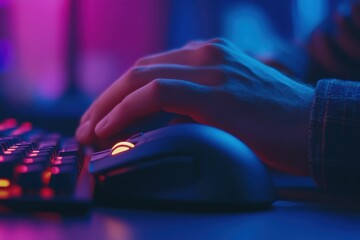 Poster - Person using computer mouse in a dimly lit workspace with colorful lights during evening hours, person using computer mouse