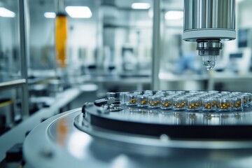 Poster - Precision machinery operates in pharmaceutical company to fill vials with medicine at production facility, Medicines in a pharmaceutical company