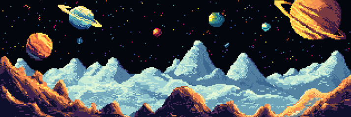 Poster - Pixel art outer space landscape with rocky alien mountains and colorful planets orbiting in starry black sky retro style vector illustration digital space scene background