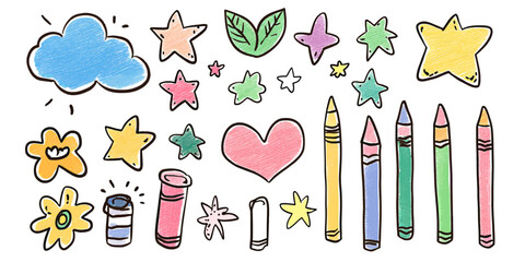 Poster - Hand drawn colorful crayon doodle set with stars hearts flowers leaves chalk sketch children playful decorative elements vector illustration