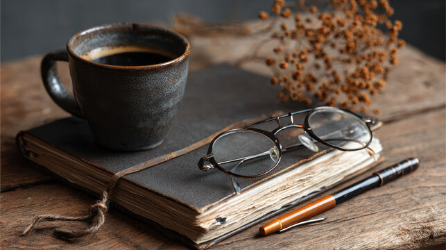 Rustic Coffee Still Life Dark Mug Vintage Book and Elegant Eyeglasses