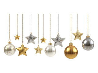 ornaments of gold and silver balls and stars hanging on strings isolated on a white or transparent b