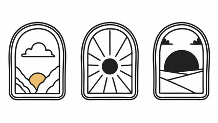 Poster - Three arched window frames displaying sun, cloud, and landscape in a minimalist style design created with generated ai