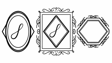 Poster - Three decorative frames with letter s inside oval square and hexagon shapes in black and white outline created with generated ai