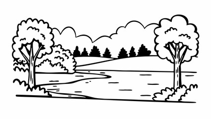 Poster - Illustration of a serene landscape featuring trees, a winding river, and fluffy clouds in the sky created with generated ai