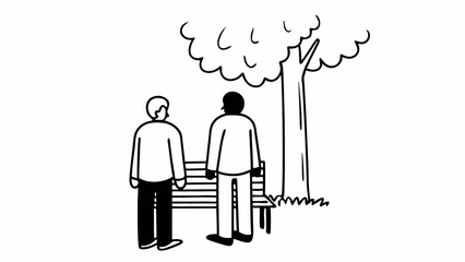 Poster - Two people standing near a bench under a tree in a simple black and white line drawing style scene created with generated ai