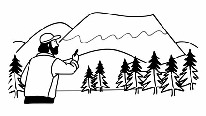 Poster - Man drawing a mountain landscape with trees in the foreground in a minimalist black and white style created with generated ai