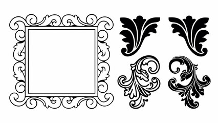 Poster - Ornate square frame with floral corner elements in black and white vector design for decoration needs created with generated ai