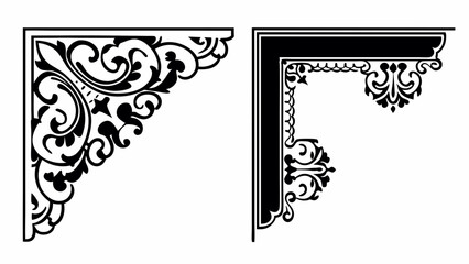 Poster - Two decorative corner designs featuring intricate floral and scrollwork patterns in black on a white background created with generated ai