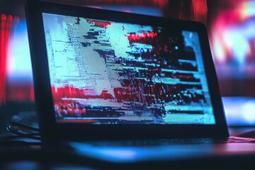 Fototapete - Glitch effect on electronic device displays error damage and distortion in vibrant colors, error damage glitch noise screen effect