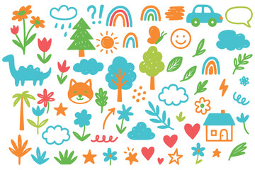  Kids Colorful Cartoon Elements, Trees, Sun, Rainbow, Clouds, Smile Faces, Child Style Drawing, Fun and Joyful Vector, 