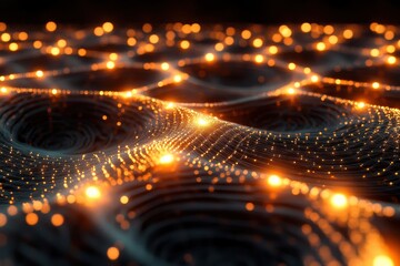 Poster - Glowing neural network of dots in an abstract seamless pattern showcasing depth and complexity, Neural network of glowing dots Seamless 3D render Abstract