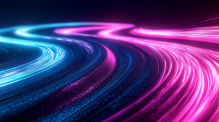 Poster - Vibrant 3D Neon Light Trails in Pink and Blue, Creating a Dynamic and Futuristic Glow Against Dark Background