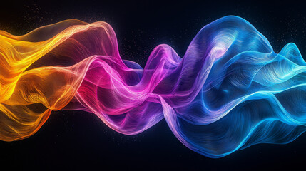Poster - Vibrant and Colorful Abstract Waves Intertwine on Black Background, Creating Dynamic and Fluid Visual Effect with Movement and Energy
