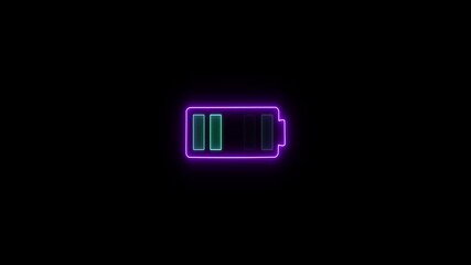 Wall Mural - Neon battery icon and charging sign. glowing neon power icon animation on black background.