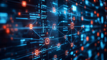 Poster - Futuristic Digital Network Visualization Interconnected User Icons and Data Graphs for Communication and Exchange in Vibrant, Innovative Setting