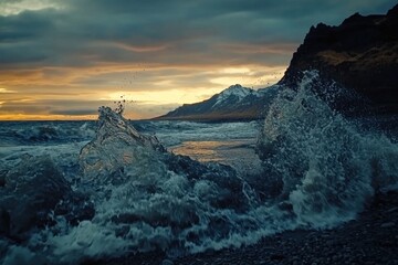 Poster - Waves crash slowly on Okulsarlon Beach during sunset with stunning mountain backdrop, Slow motion waves crash on Okulsarlon Beach at sunset, close up