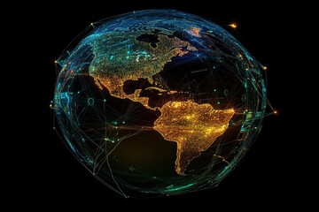 Poster - Digital data processing across a connected globe showcasing global networks and illuminated continents, digital data processing over globe with connections on black background