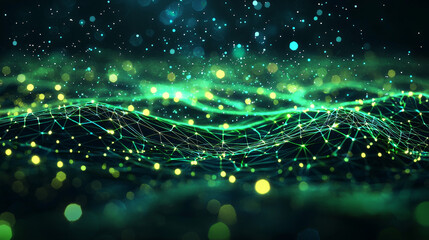 Poster - glowing green grid in a futuristic digital landscape, representing virtual reality and technological