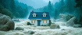 Flood in the valley: A lone house stands amidst a raging flood, surrounded by rushing water and rugged rocks, set against a misty mountain backdrop, a poignant scene of nature's power.