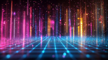 Poster - Dynamic Neon Digital Scene with Vibrant Blue, Pink, and Yellow Bars on Reflective Grid, Capturing a Futuristic and Innovative Atmosphere