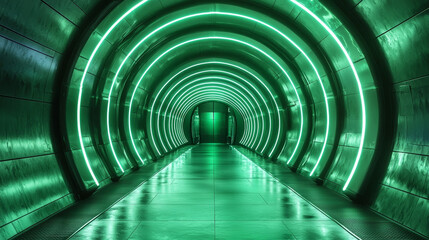 Poster - futuristic green lit corridor with sleek metallic walls and circular design, evoking sci-fi atmosphe