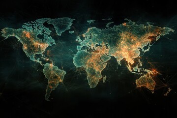 Poster - Financial data processing visualized on a global map against a dark background, financial data processing over world map on black background