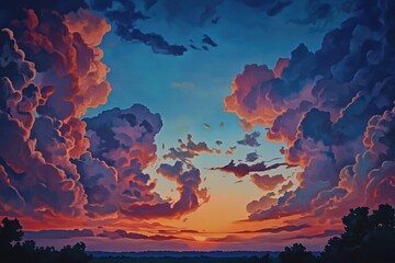 Poster - Timelapse of beautiful sunset sky showcasing vibrant colors and dramatic clouds over a tranquil landscape, timelaps of beautiful suset sky