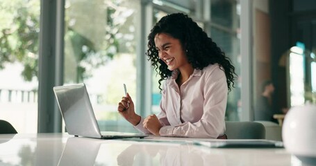 Poster - Office, businesswoman and excited with laptop for news, blog reviews and success for publication. Career, person and public relations specialist with cheer for promotion, feedback and achievement