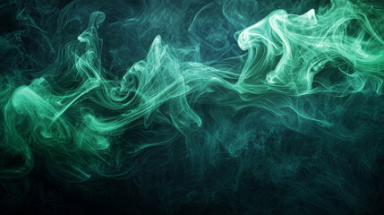 Poster - Swirling, Vibrant Green Smoke Pattern Against Dark Background Creates Mysterious and Ethereal Atmosphere with Abstract, Dynamic Visual Effect and Intriguing Movement in Artistic Design