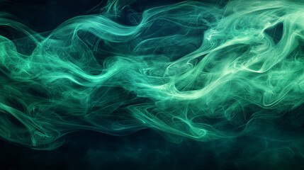 Poster - Dynamic Green Smoke Swirls on Dark Backdrop, Forming a Mysterious and Abstract Visual with Fluid Motion
