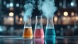 © Pinklife - Three laboratory flasks filled with colorful liquids create an intriguing visual effect, exuding steam while exploring the vibrant world of chemical reactions and scientific experimentation.