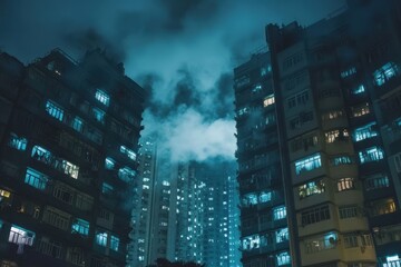 Poster - Timelapse of clouds reflecting off buildings in a cityscape at night, A timelapse of cloud reflecting the building in the business town wide shot tilt