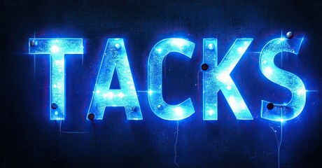 Aufkleber - Bright blue text spells TACKS. Illuminated lettering against dark textured background. Dramatic lighting creates glowing effect.