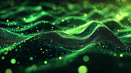 Poster - Futuristic Digital Terrain with Radiant Green Waves and Particles, Crafting a Modern Visual Symbolizing Technology and Innovation