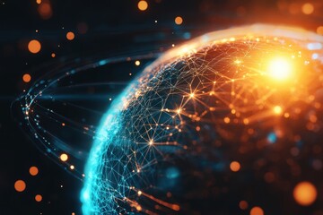 Poster - Stunning digital view of planet with illuminated connections and vibrant colors, Zoom in of planet digitally generated with plexus effect