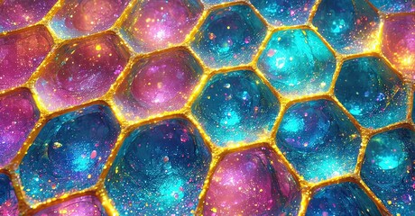 Poster - Hexagonal cells display vibrant cosmic patterns. Pink, blue, turquoise hues dominate, outlined with gold. Abstract, beautiful texture.