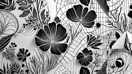 Poster - Elegant Black and White Floral Pattern Intricate Line Art Design